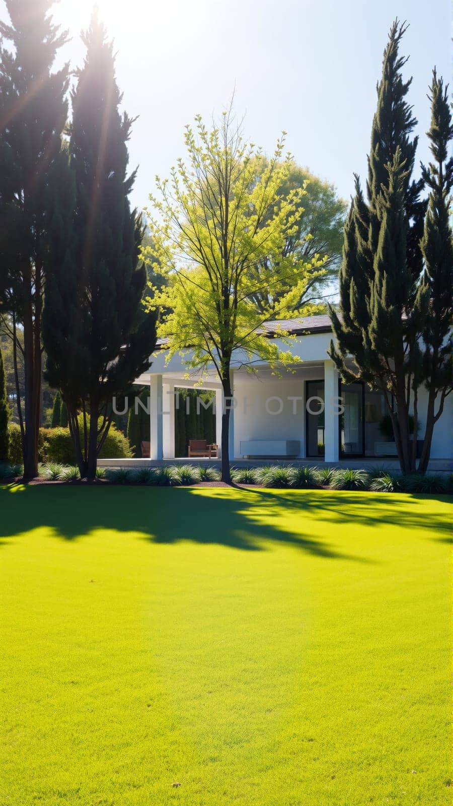 The modern individual residential house is surrounded by a well-groomed beautiful lawn. High quality photo