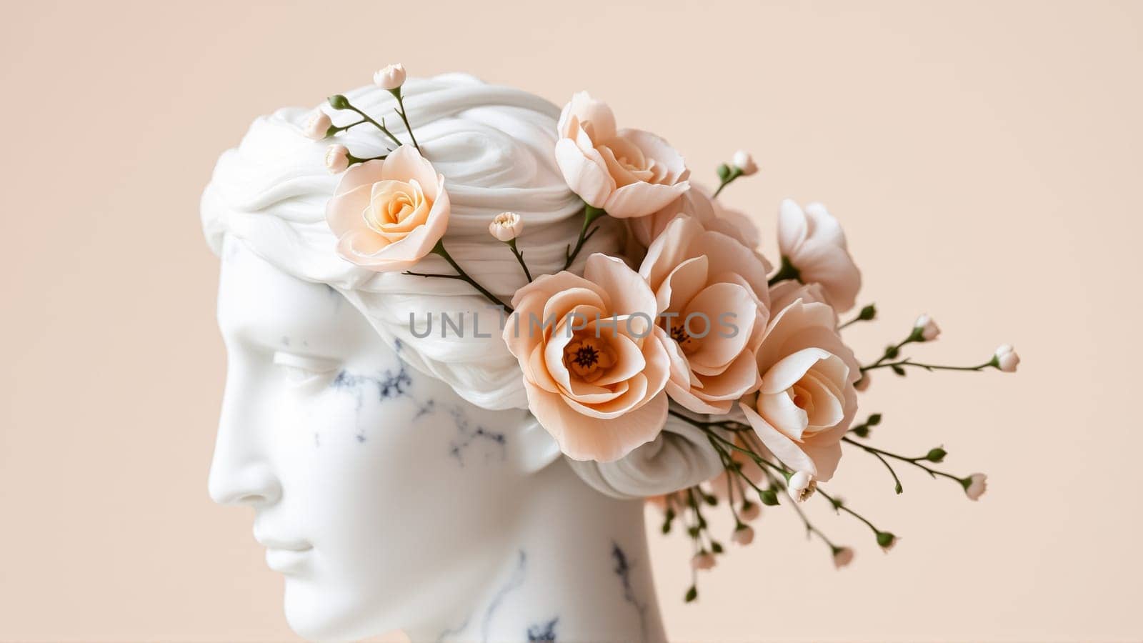 Stone statue covered with spring flowers on isolated background. High quality photo