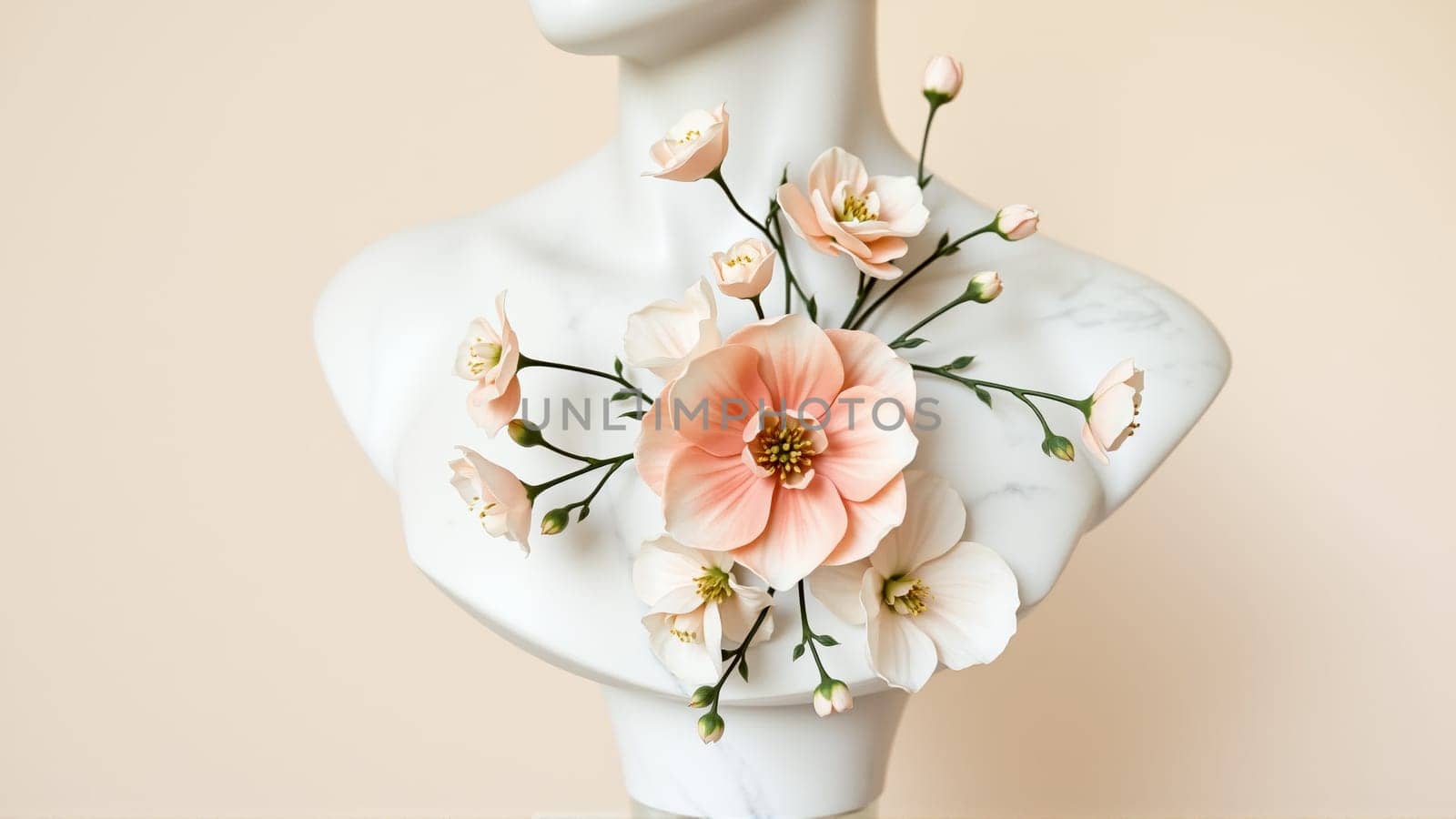 Stone statue covered with spring flowers on isolated background. High quality photo