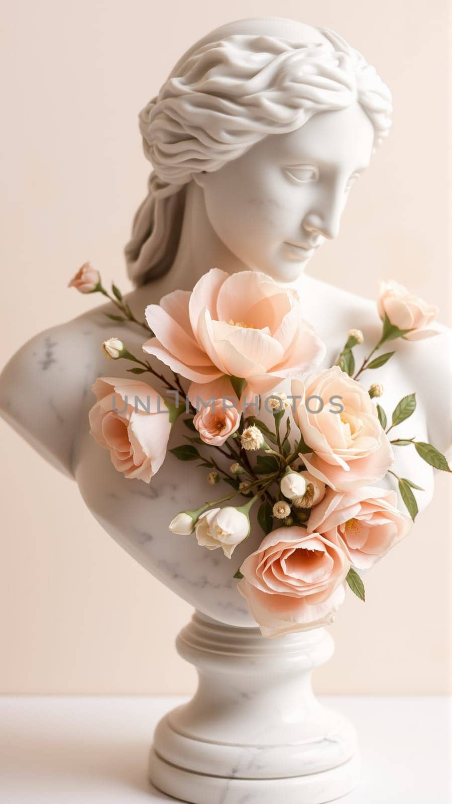 Stone statue covered with spring flowers on isolated background. High quality photo