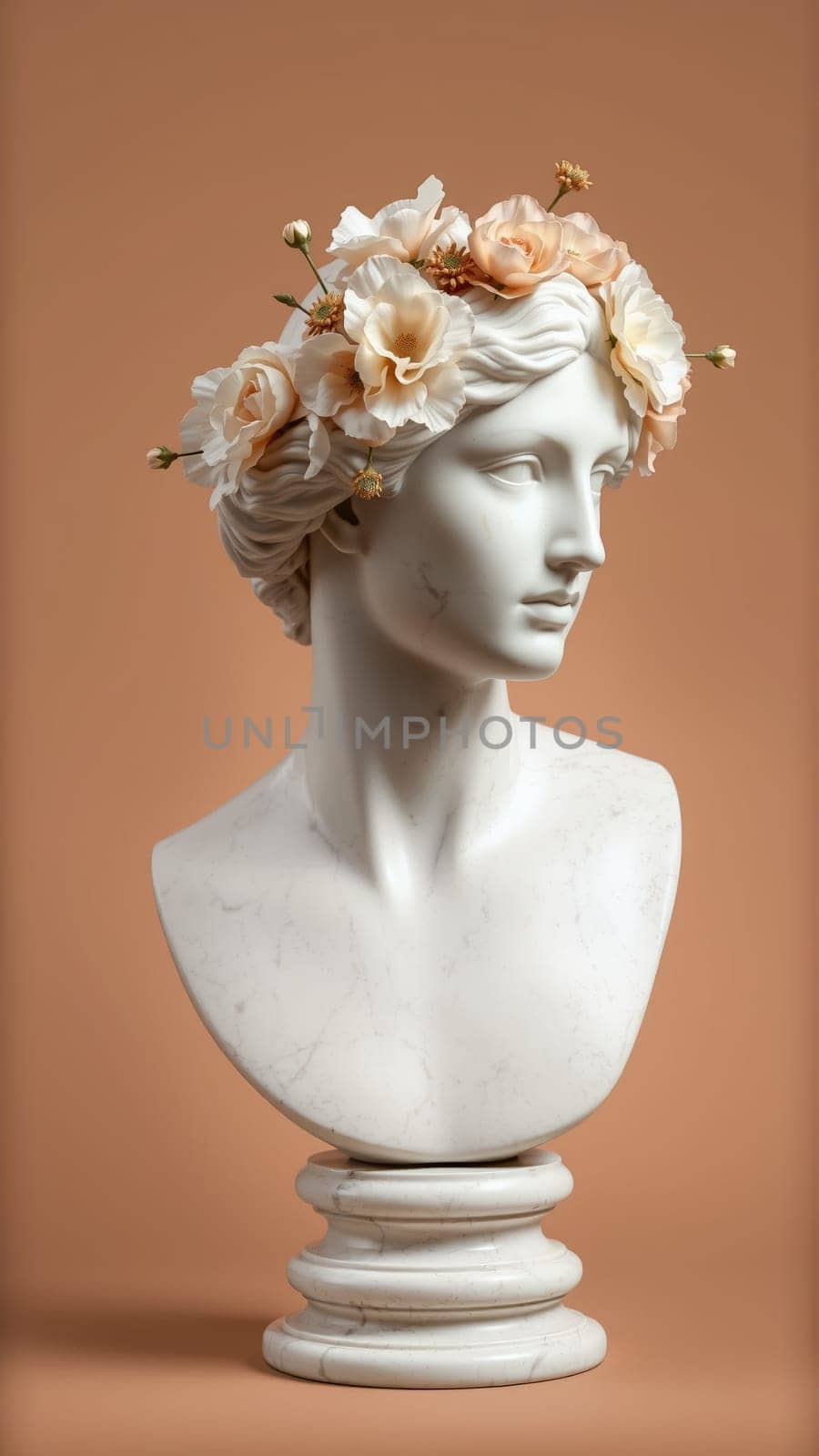 Stone statue covered with spring flowers on isolated background. High quality photo