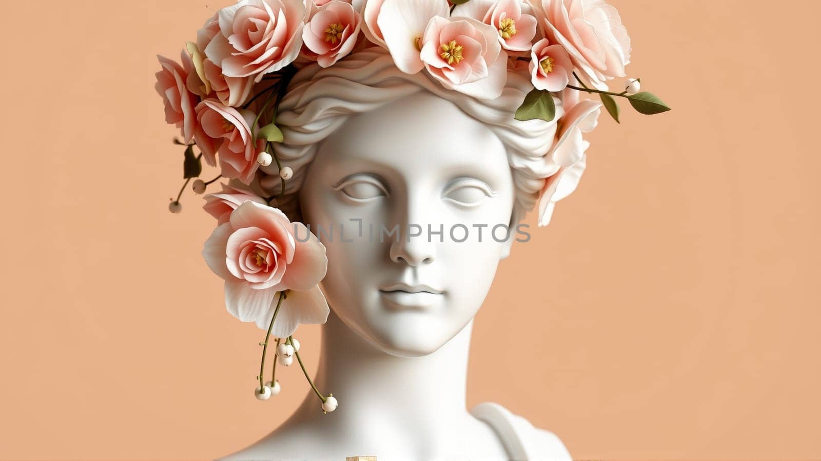 Stone statue covered with spring flowers on isolated background. High quality photo