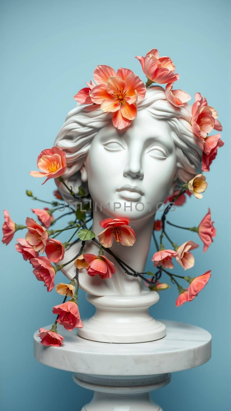 Stone statue covered with spring flowers on isolated background. High quality photo