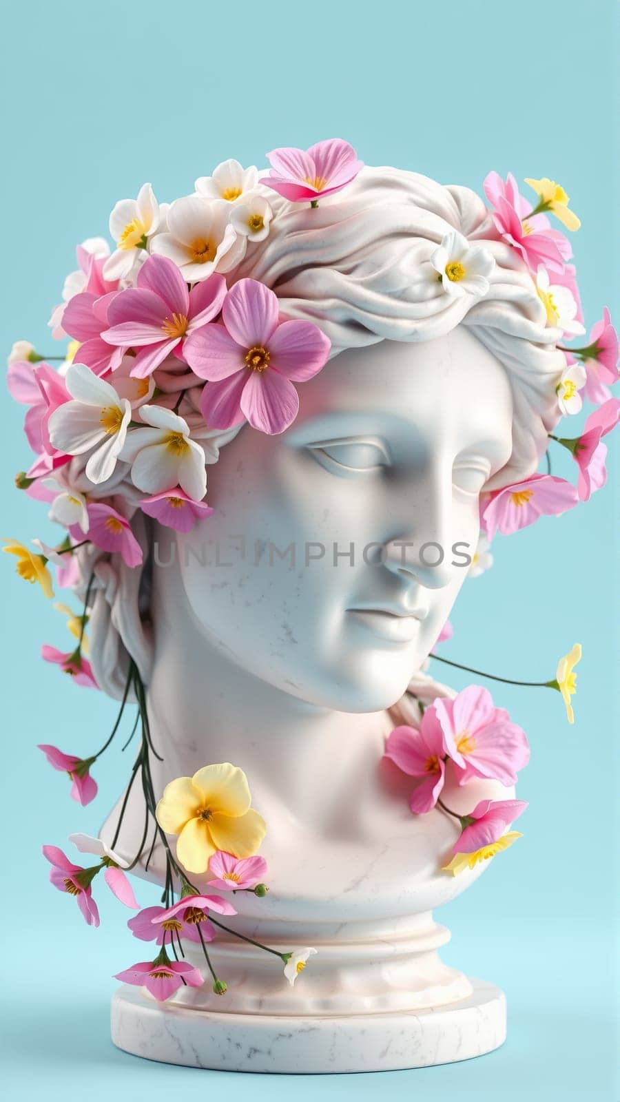 Stone statue covered with spring flowers on isolated background. High quality photo