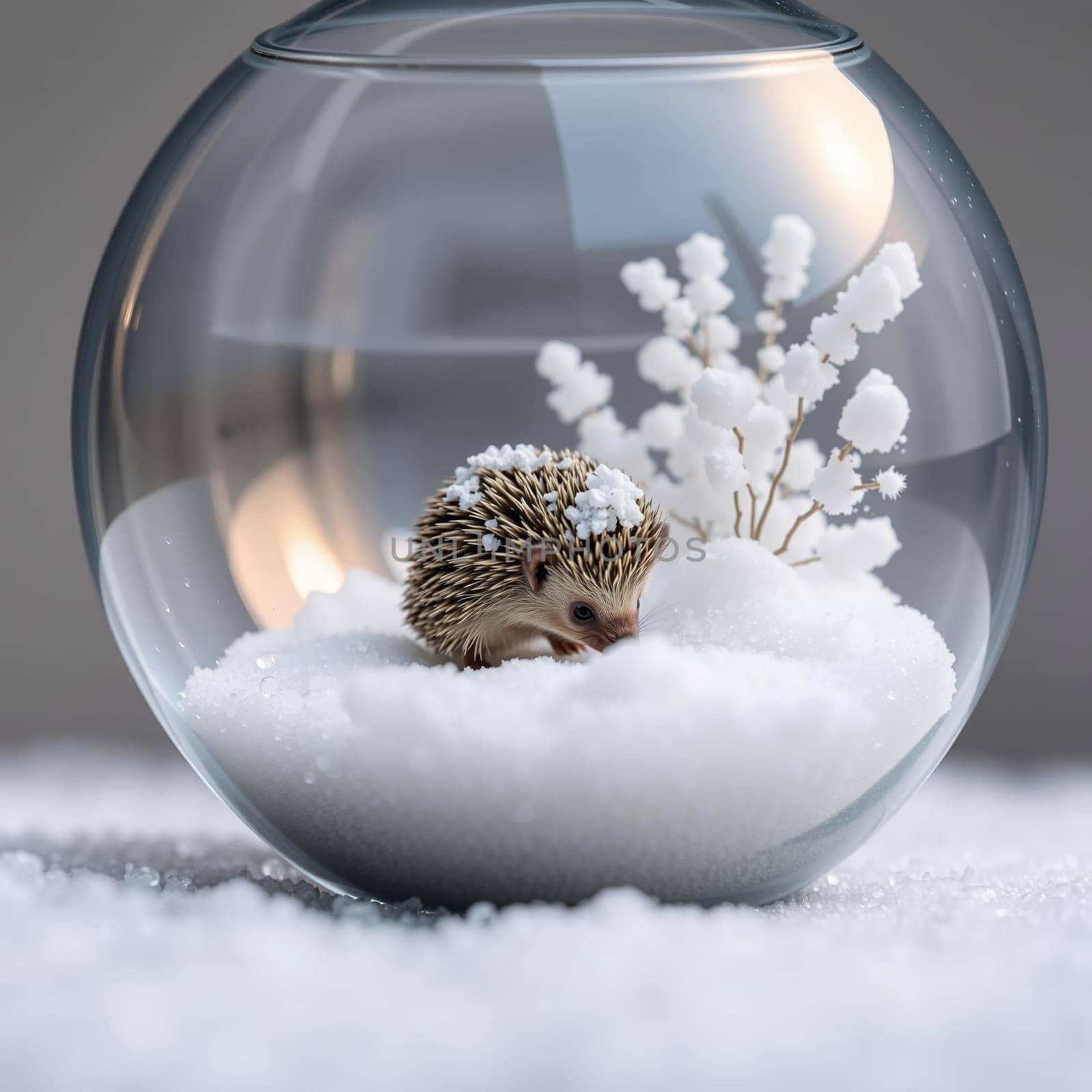 Cute little hedgehog inside a snow globe. High quality photo