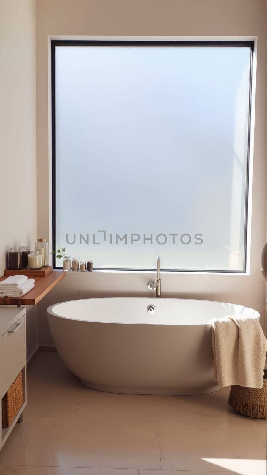 Scandinavian style bathroom interior in light colors. The bathtub is located near the window. High quality photo
