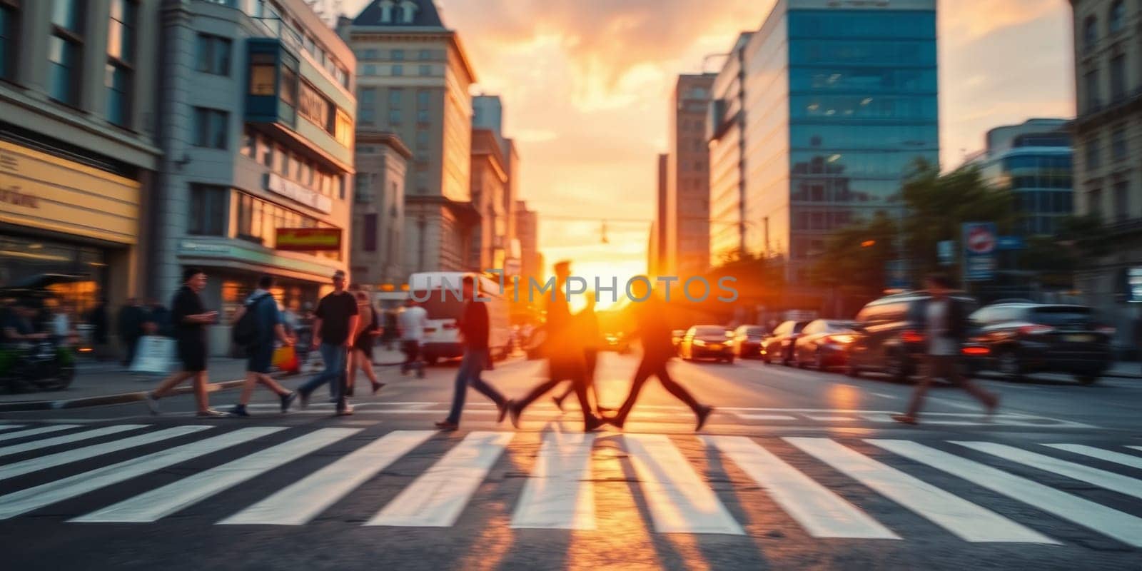 A lot of people walk along the pedestrian crossing during rush hour. High quality photo