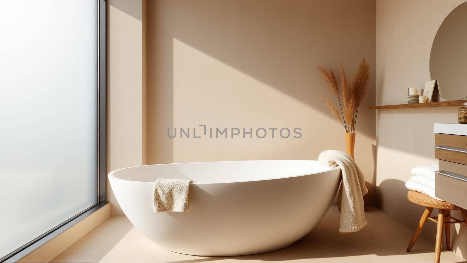 Scandinavian style bathroom interior in light colors. The bathtub is located near the window. High quality photo