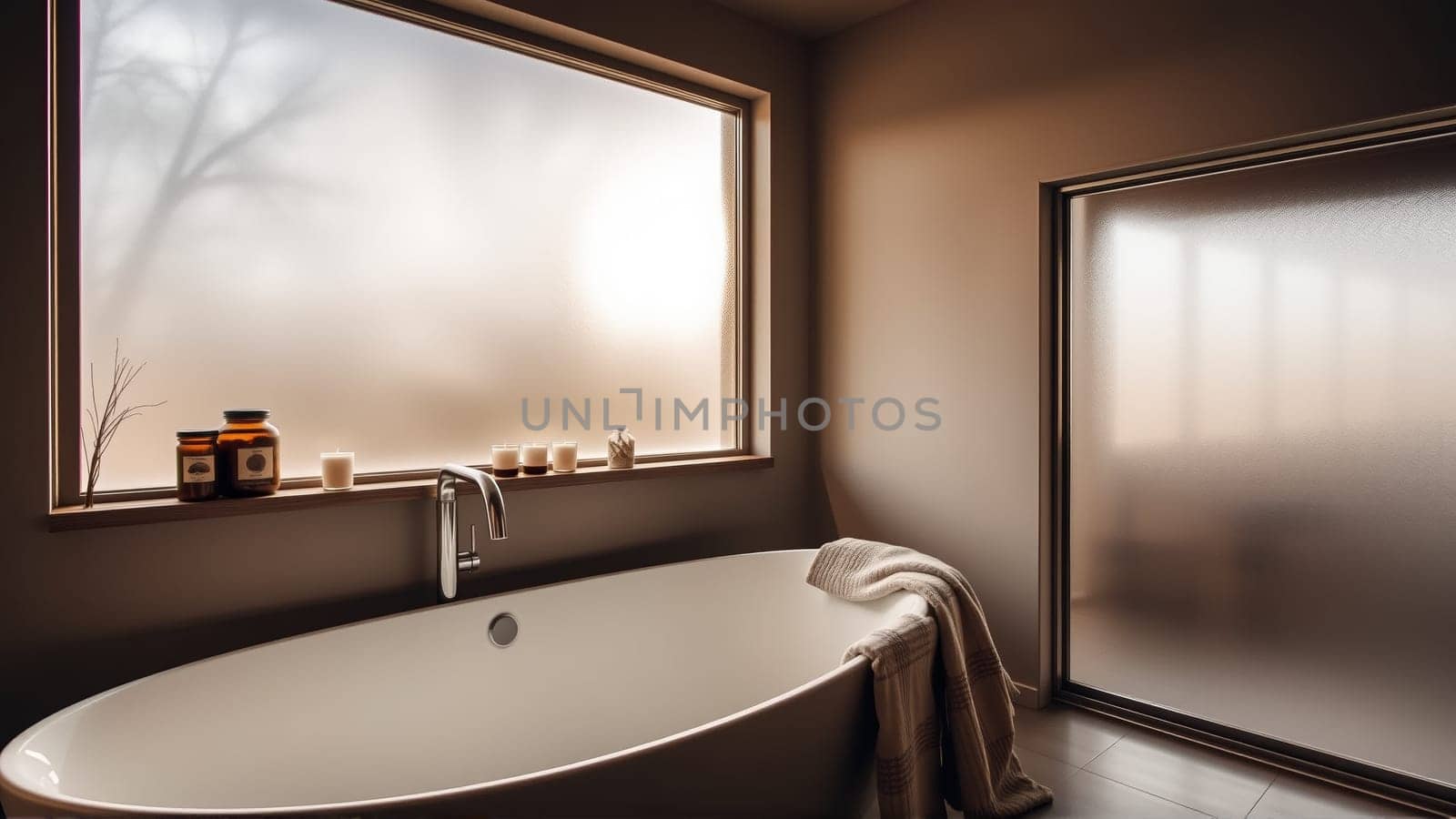 Scandinavian style bathroom interior in light colors. The bathtub is located near the window. High quality photo