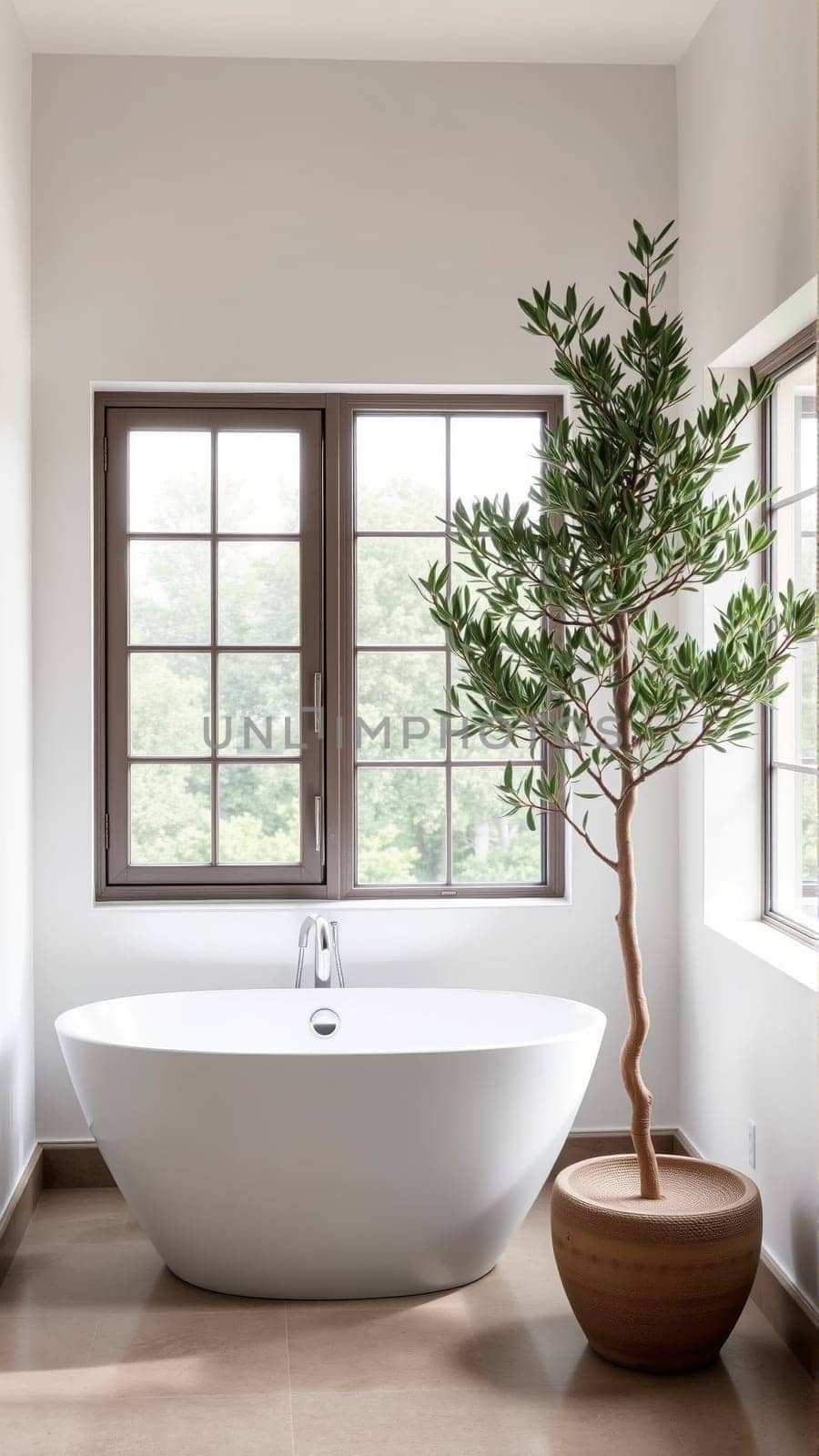 Scandinavian style bathroom interior in light colors. The bathtub is located near the window. High quality photo