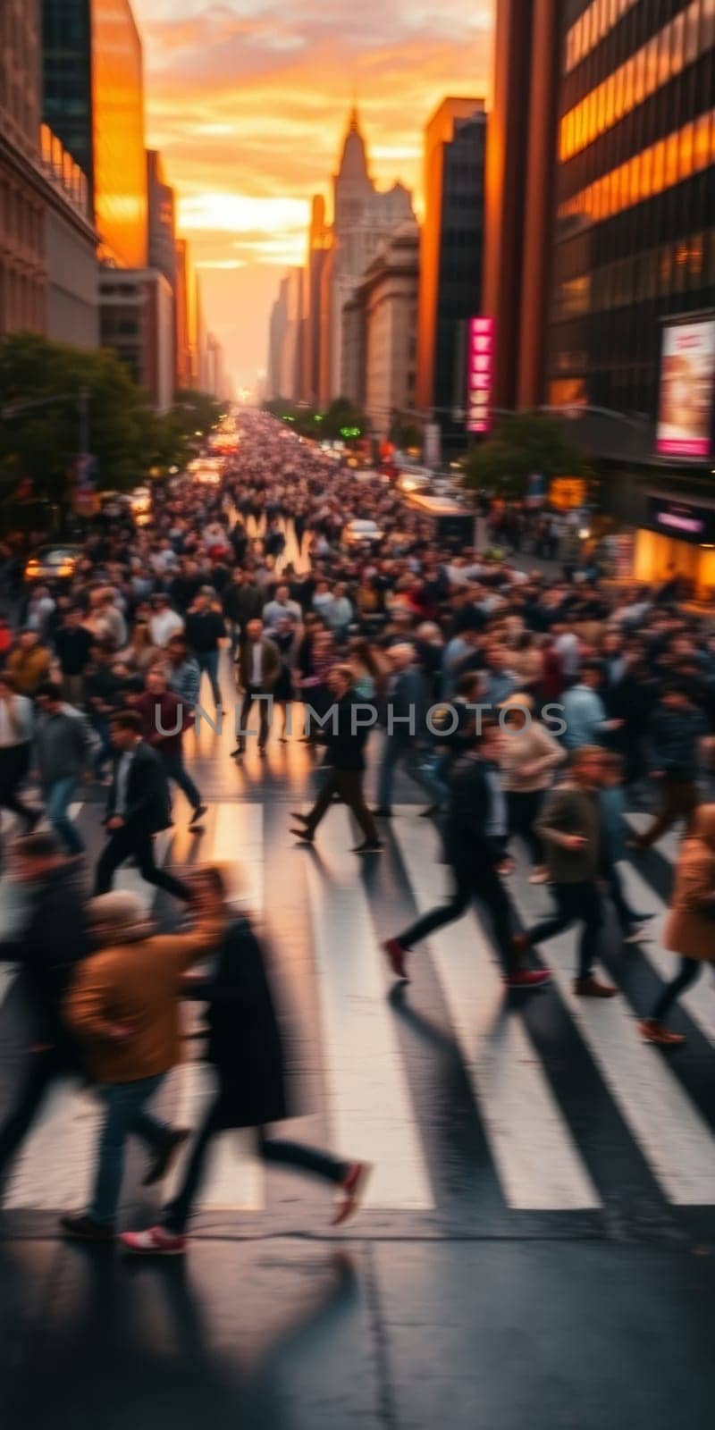 A lot of people walk along the pedestrian crossing during rush hour. High quality photo