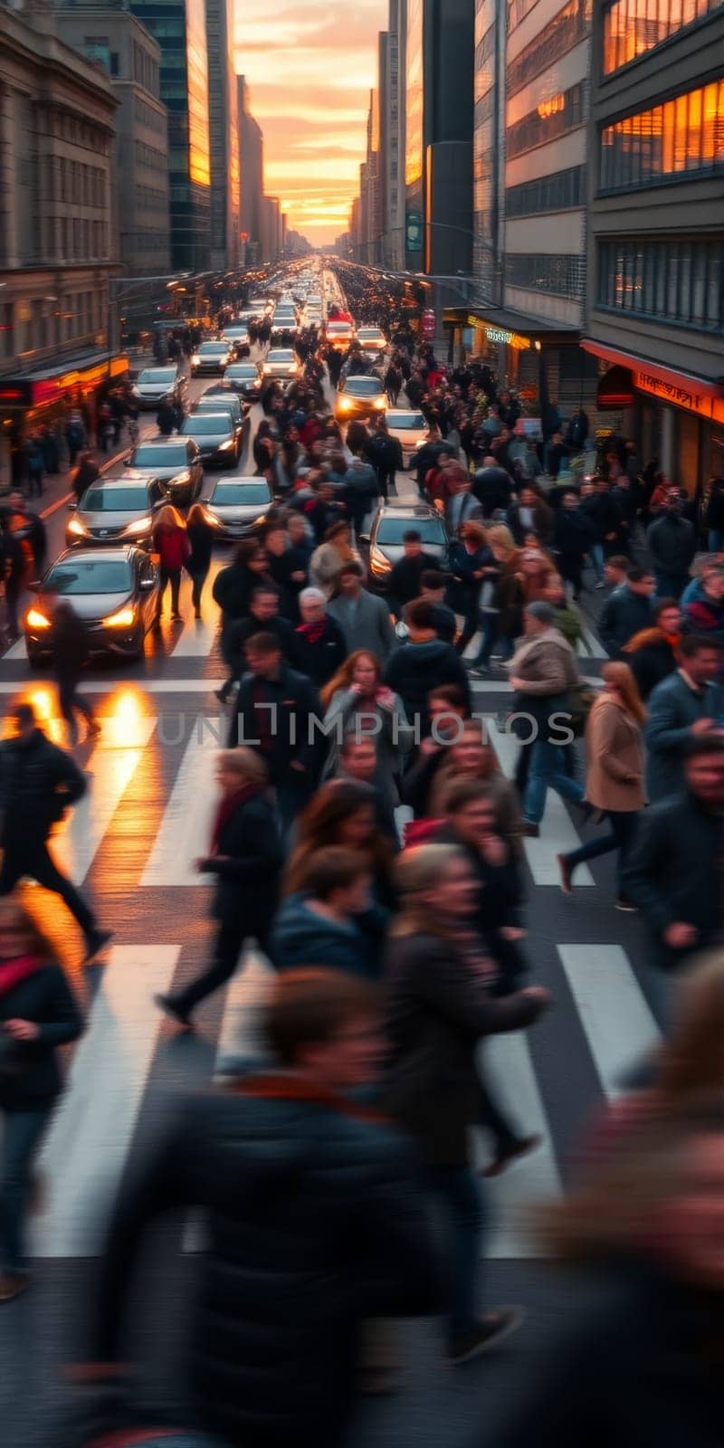 A lot of people walk along the pedestrian crossing during rush hour. High quality photo
