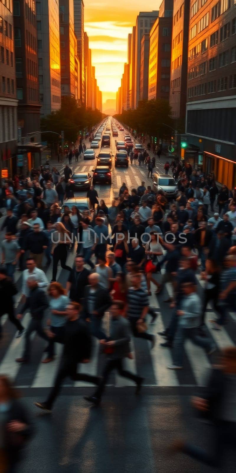 A lot of people walk along the pedestrian crossing during rush hour. High quality photo