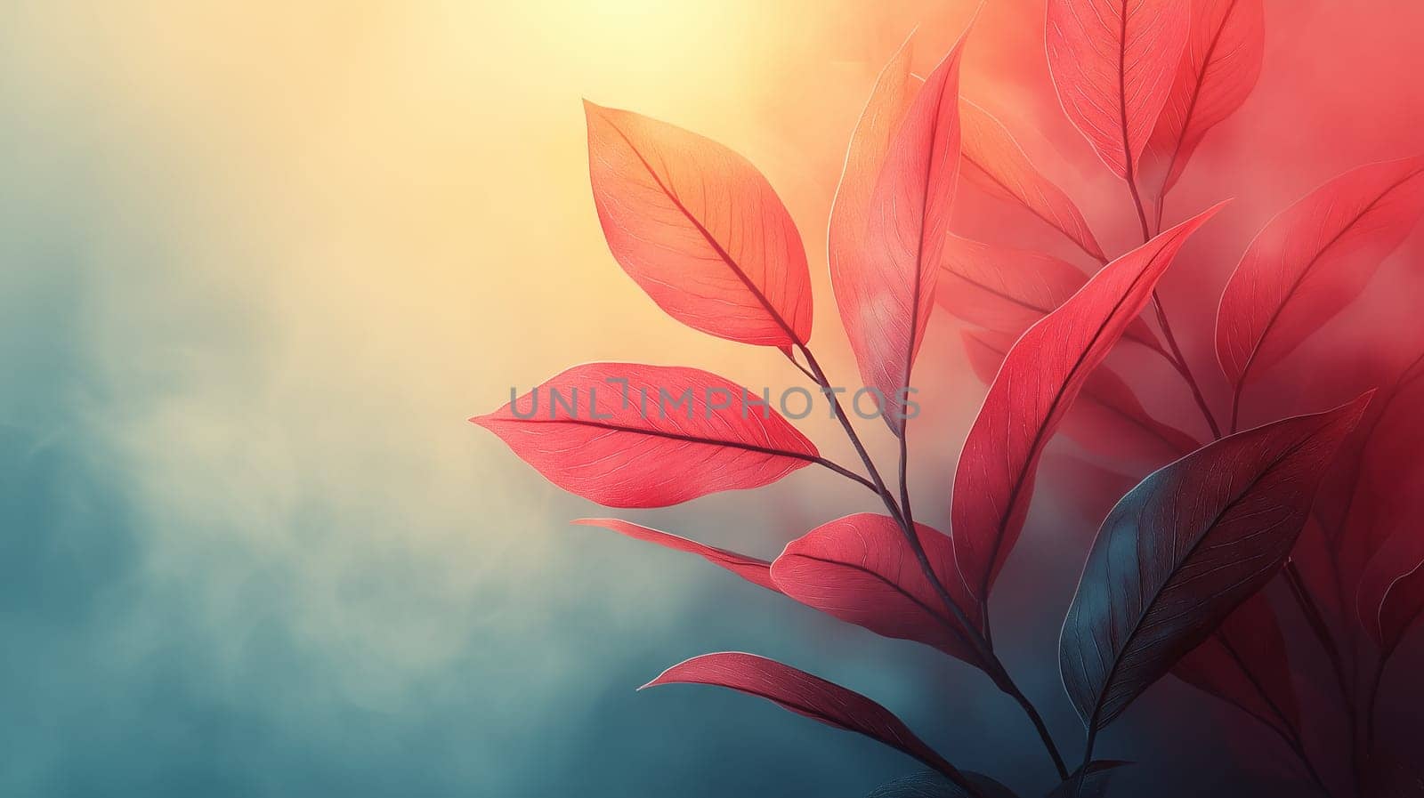 Close-up of red leaves on a branch with warm sunlight and a soft misty background, creating a serene and artistic nature composition.