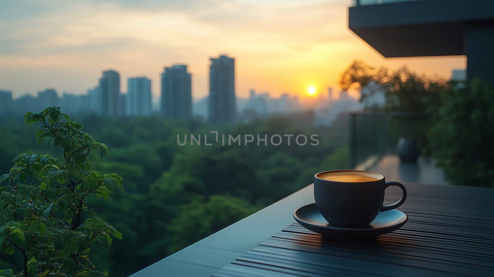A black coffee cup on a sleek balcony table, overlooking a green park and city skyline at sunrise. A peaceful urban morning with nature and architecture.