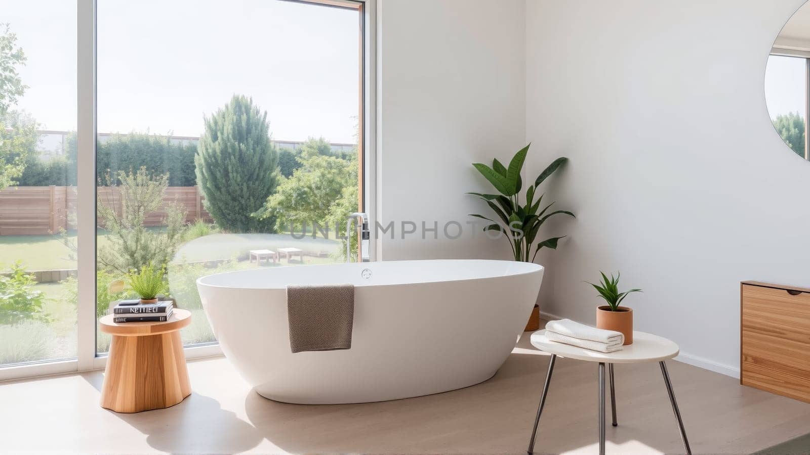 Scandinavian style bathroom interior in light colors. The bathtub is located near the window. High quality photo