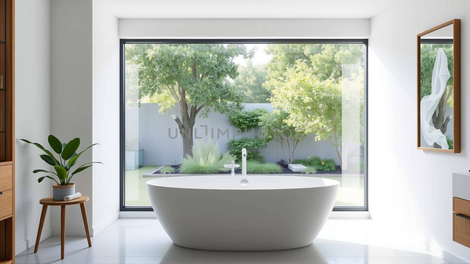 Scandinavian style bathroom interior in light colors. The bathtub is located near the window. High quality photo