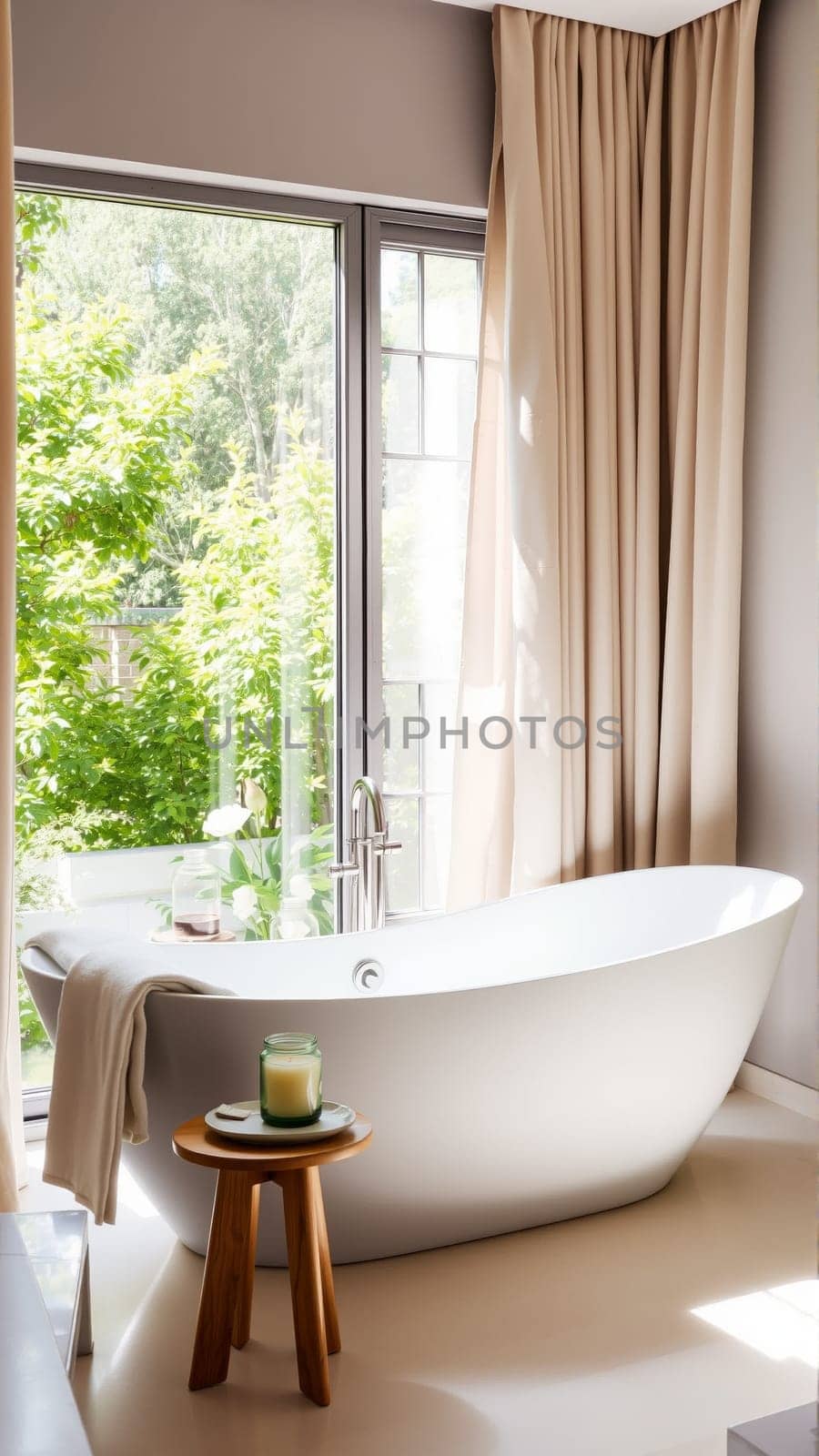 Scandinavian style bathroom interior in light colors. The bathtub is located near the window. High quality photo