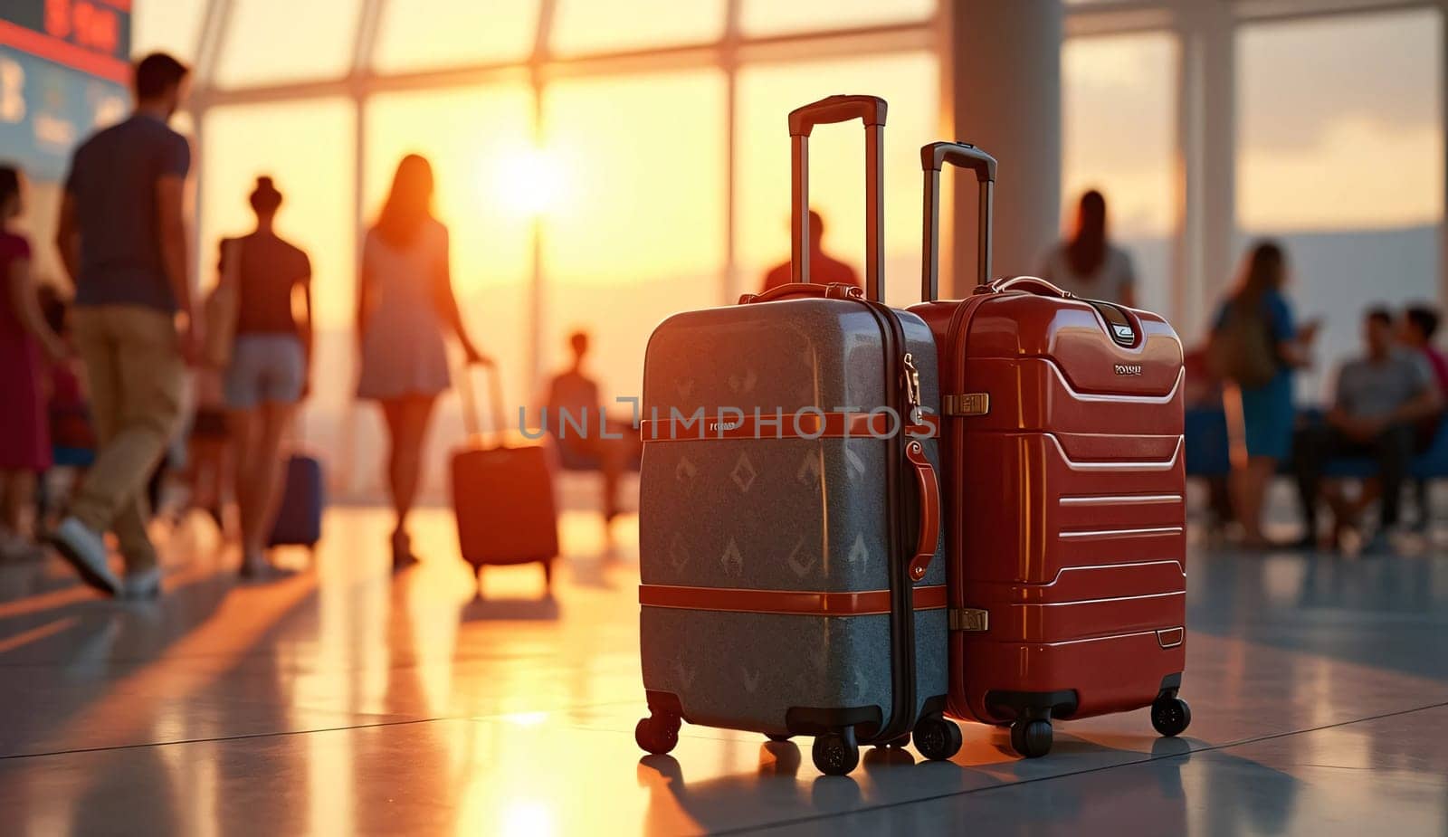 At a colorful sunset, two pieces of luggage are positioned in an airport, reflecting light that accentuates the building's architecture and represents travel and change. . High quality photo
