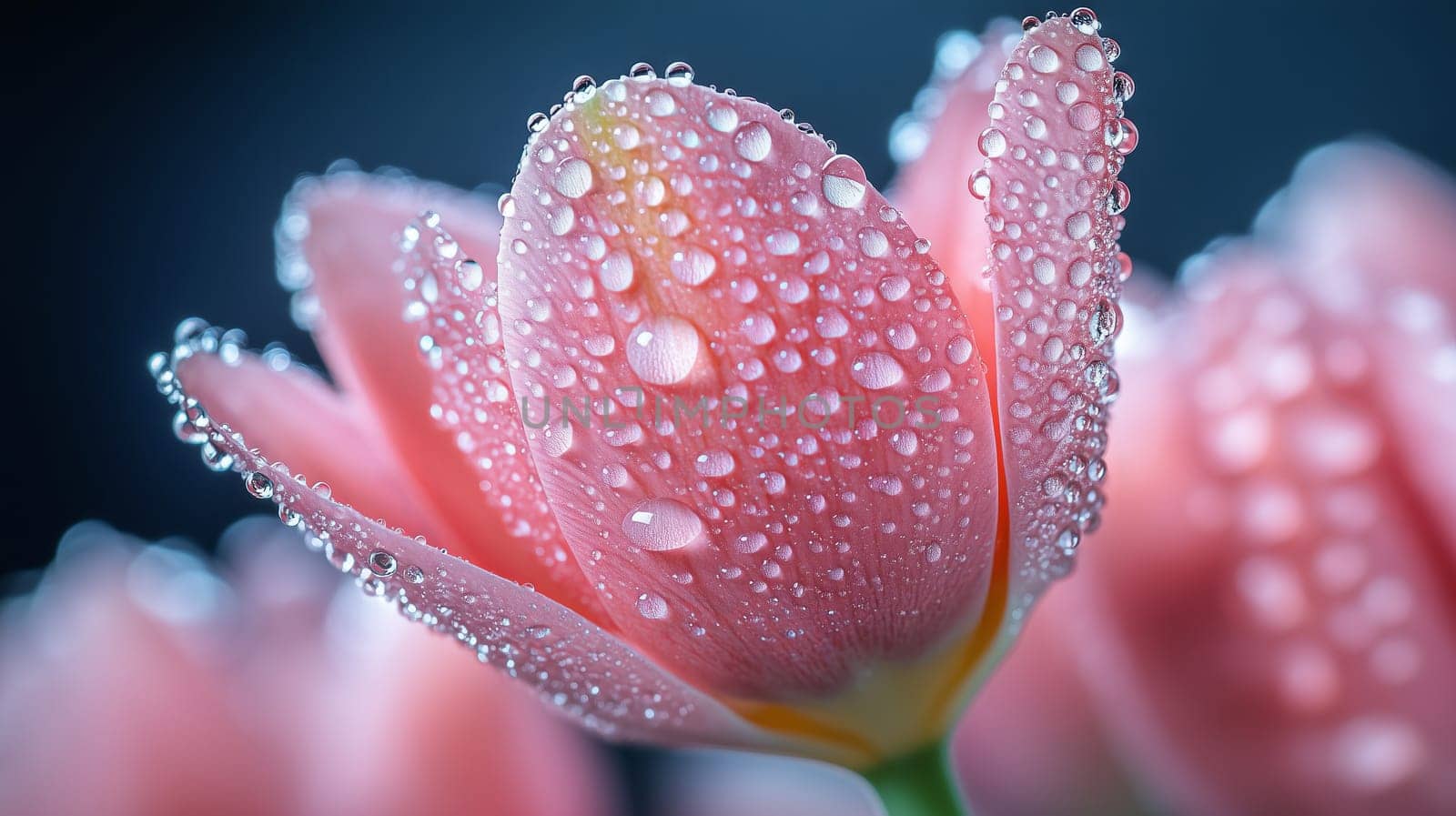 Close-up macro shot of a pink tulip covered in fresh water droplets, highlighting delicate petals with a soft-focus background and moody lighting.