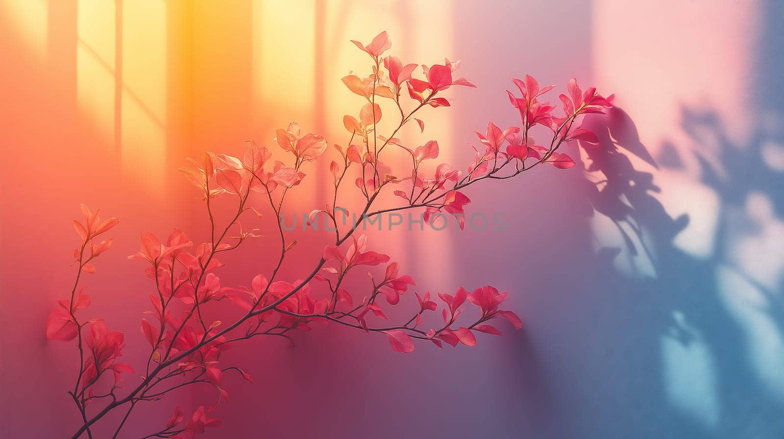 A branch of pink flowers gently illuminated by warm sunlight, casting delicate shadows on a soft gradient wall in a peaceful, serene setting.