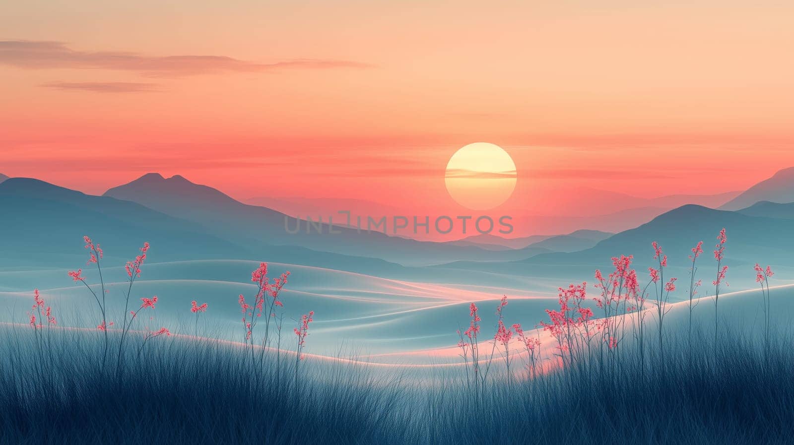 A dreamy, surreal landscape featuring soft blue dunes, delicate pink wildflowers, and a glowing sun in a pastel sky, creating a tranquil and ethereal atmosphere.