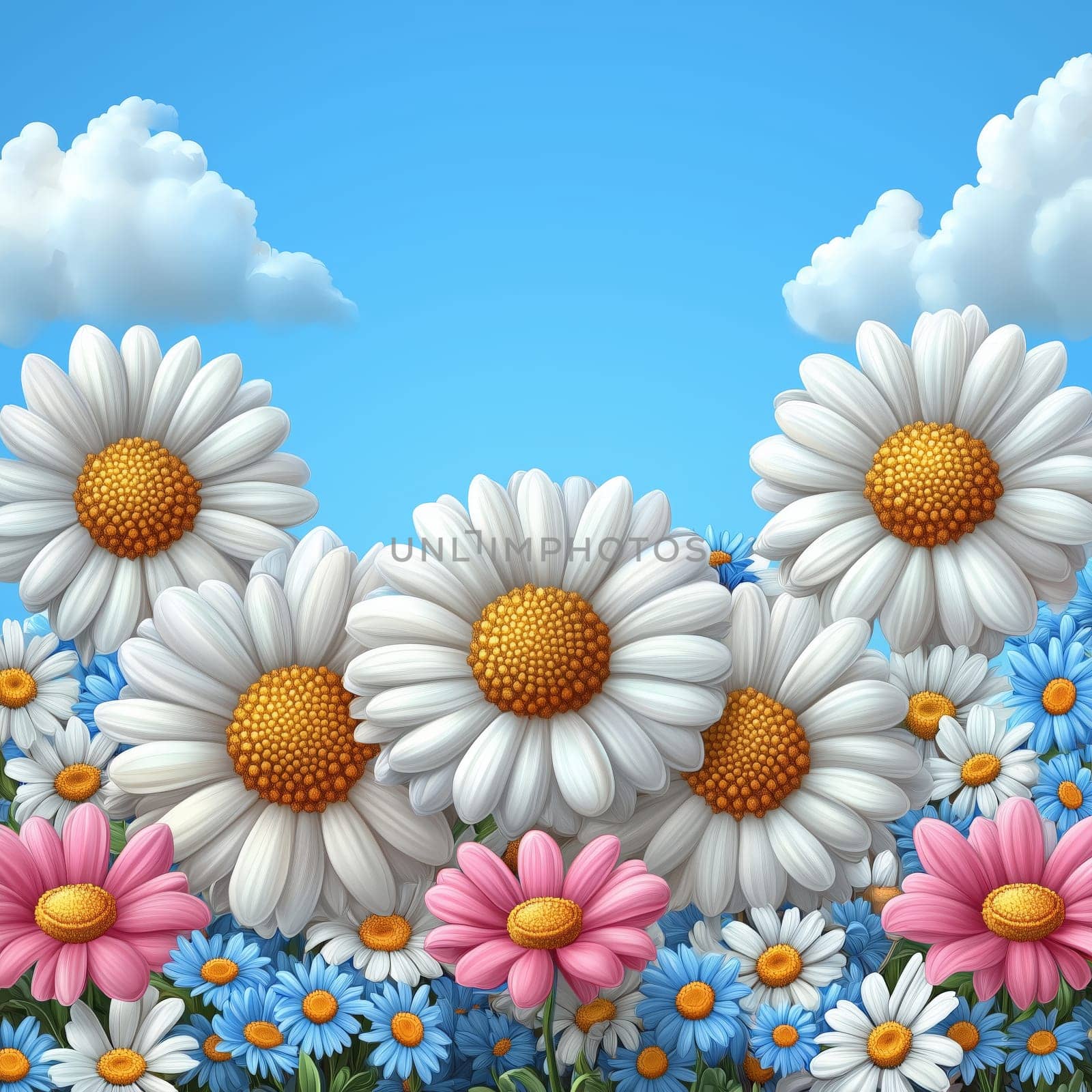 A vibrant digital illustration of a field filled with white, pink, and blue daisies in full bloom, set against a clear blue sky with soft clouds.