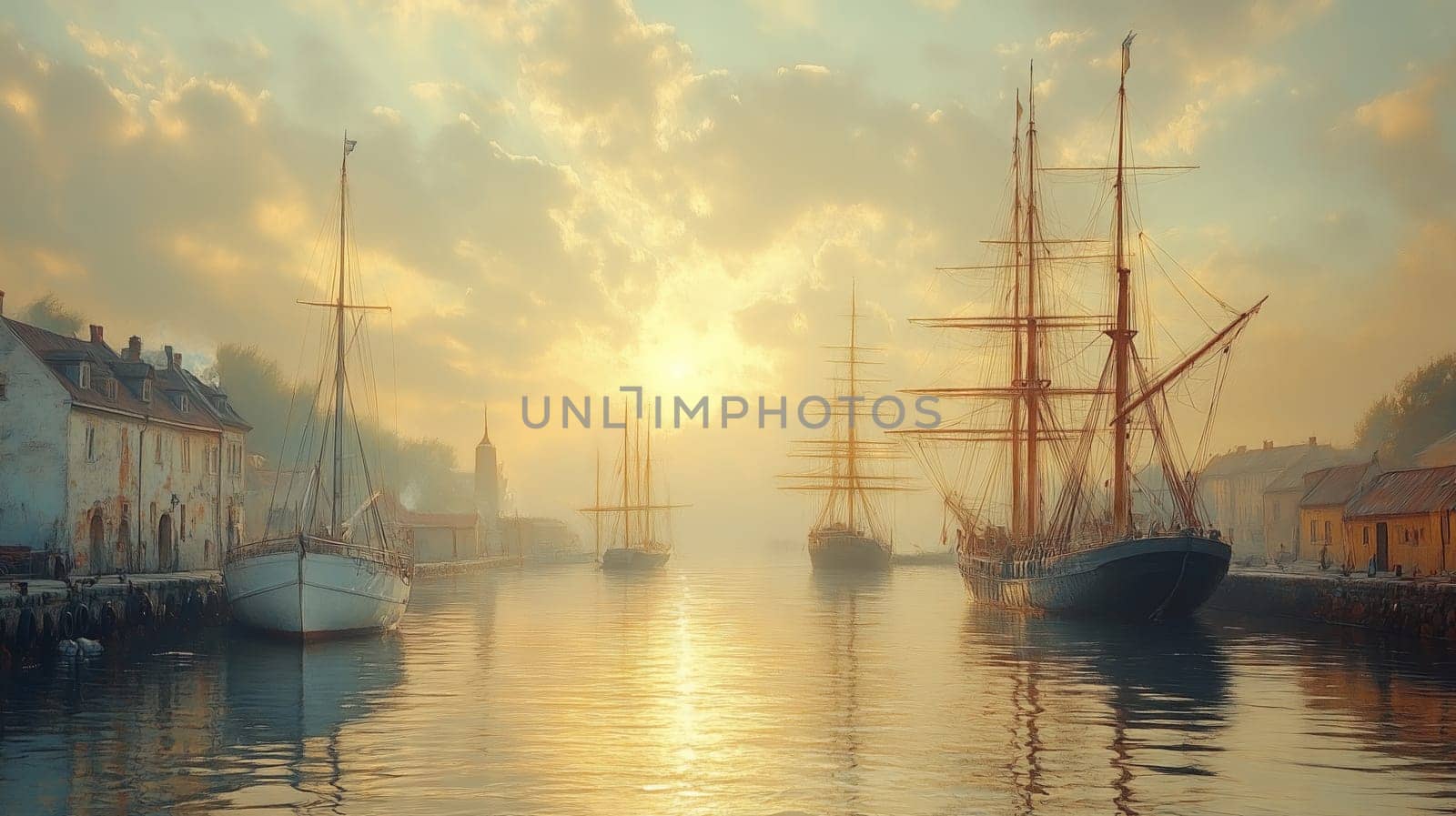 Atmospheric digital painting of historic sailing ships docked in a misty harbor with golden sunrise light reflecting on calm water, surrounded by old buildings.