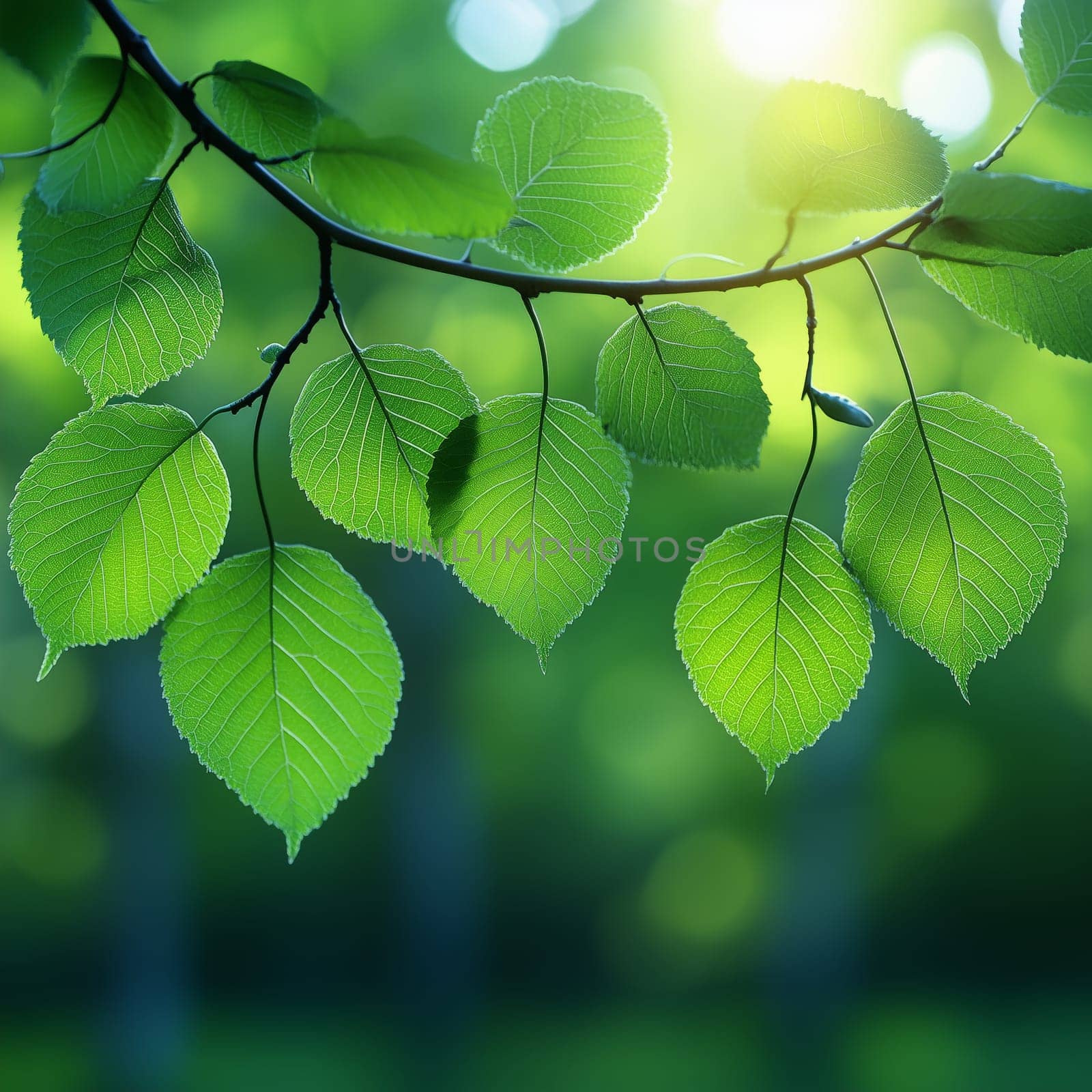 A close-up of vibrant green leaves on a tree branch, illuminated by soft sunlight, with a blurred forest background creating a peaceful natural scene.