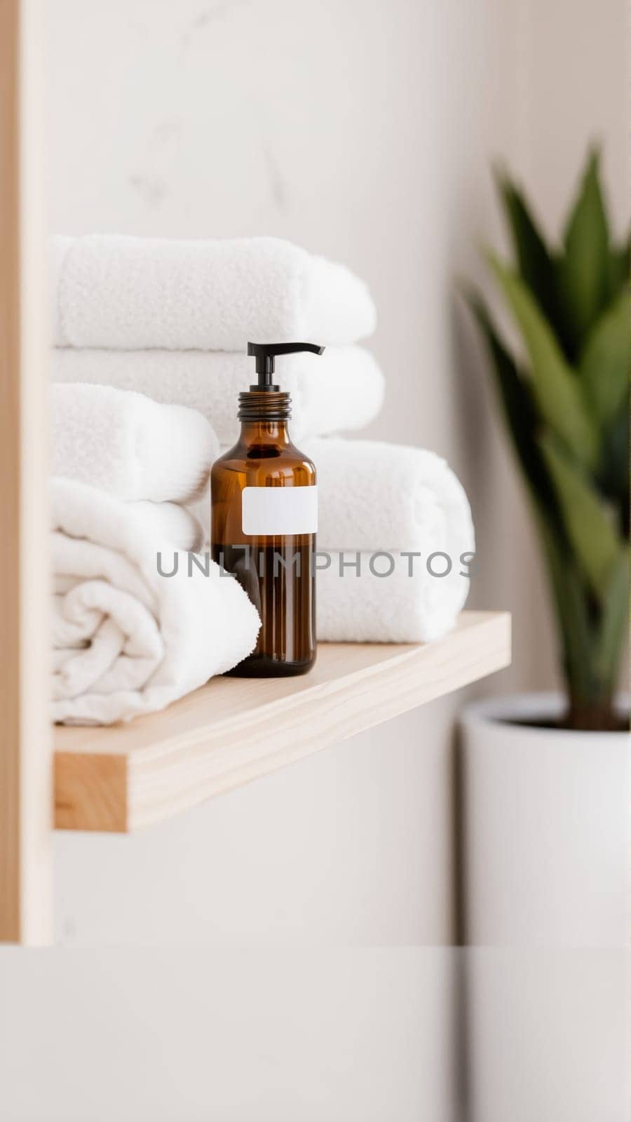 Spa treatment set, wooden shelf with neatly folded towels and dispensers for soap, cream, massage oil. High quality photo