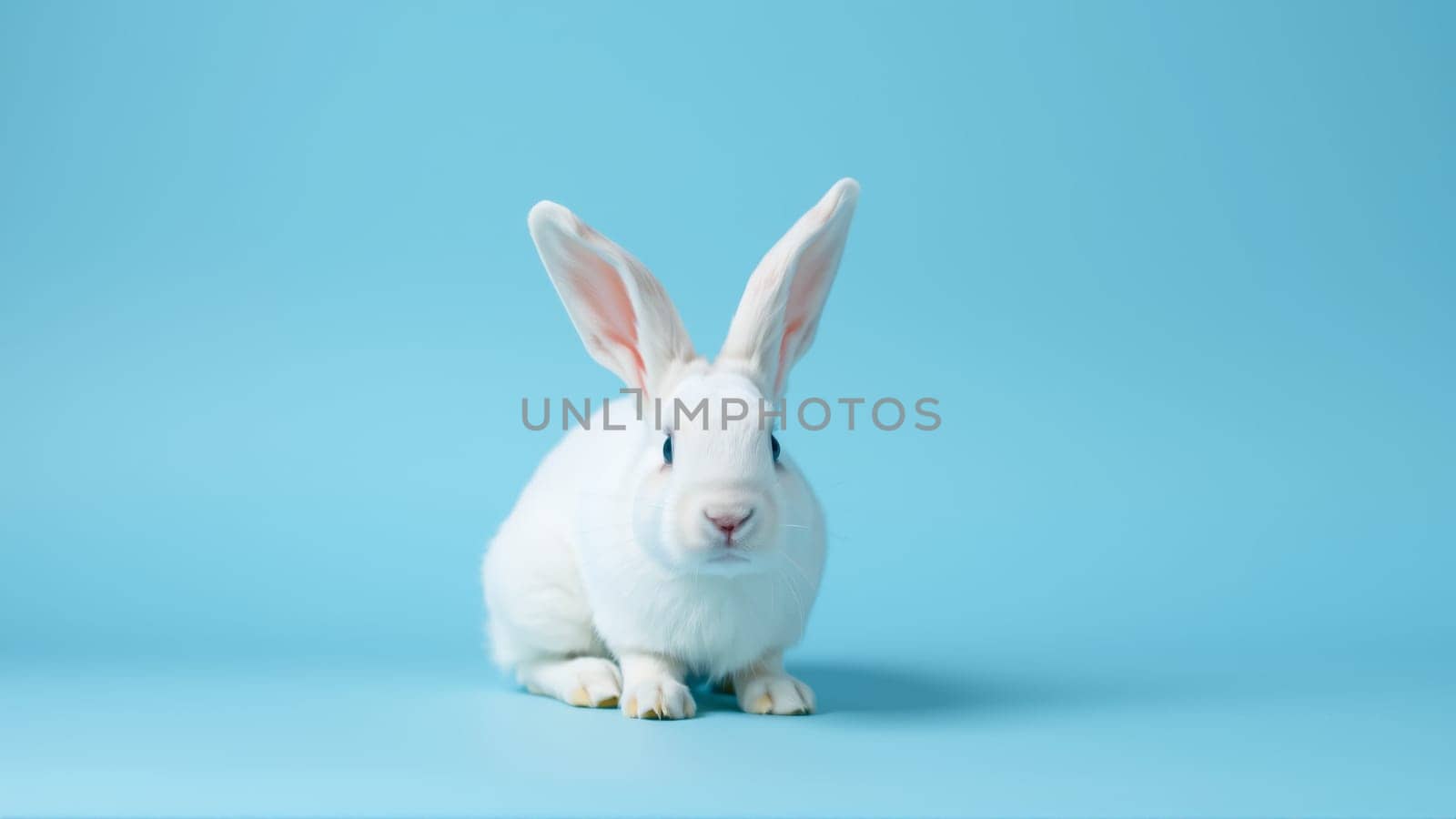 Cute white rabbit on isolated blue background. High quality photo