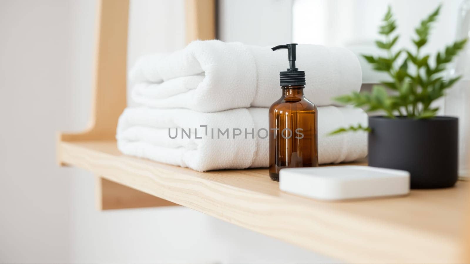 Spa treatment set, wooden shelf with neatly folded towels and dispensers for soap, cream, massage oil. High quality photo