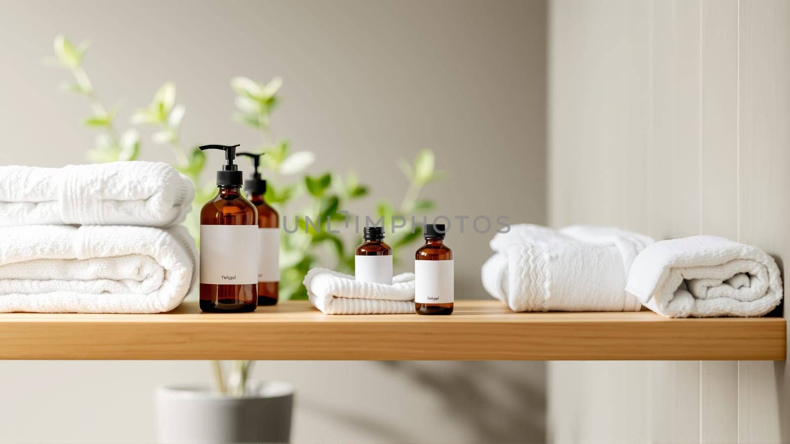 Spa treatment set, wooden shelf with neatly folded towels and dispensers for soap, cream, massage oil. High quality photo