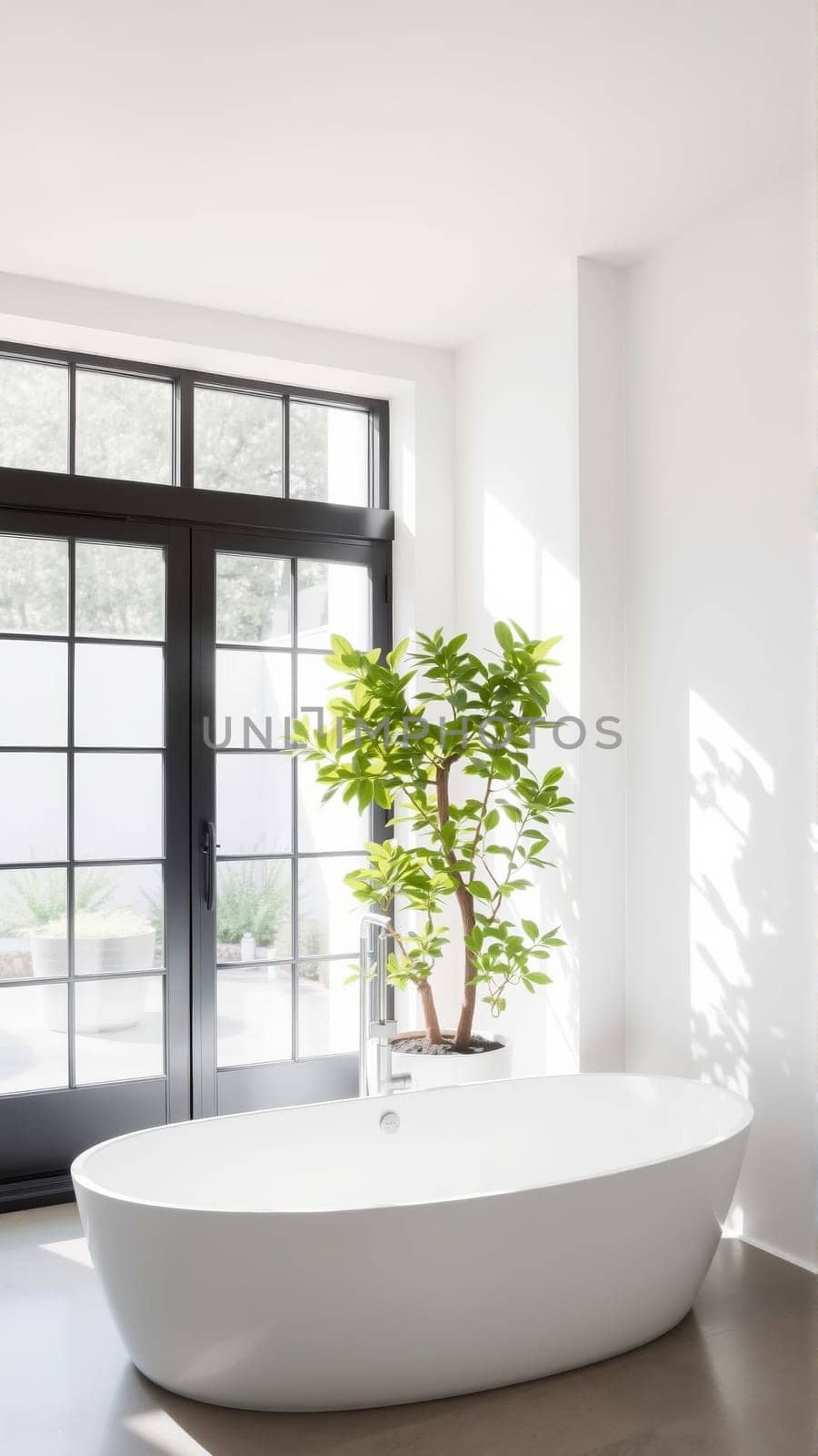 Scandinavian style bathroom interior in light colors. The bathtub is located near the window. High quality photo