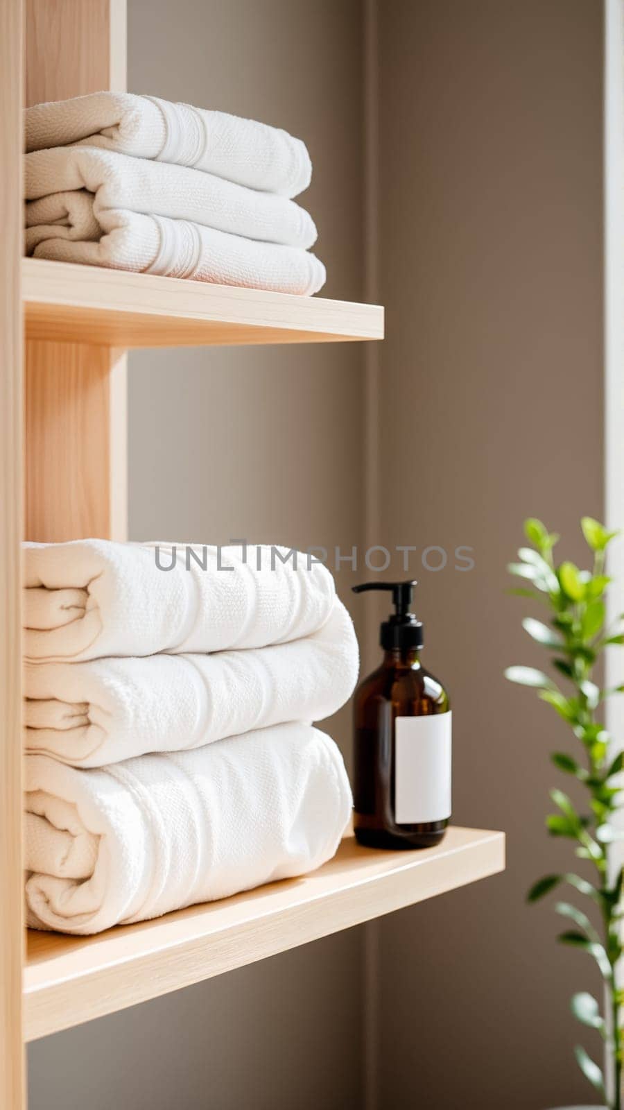 Spa treatment set, wooden shelf with neatly folded towels and dispensers for soap, cream, massage oil. High quality photo