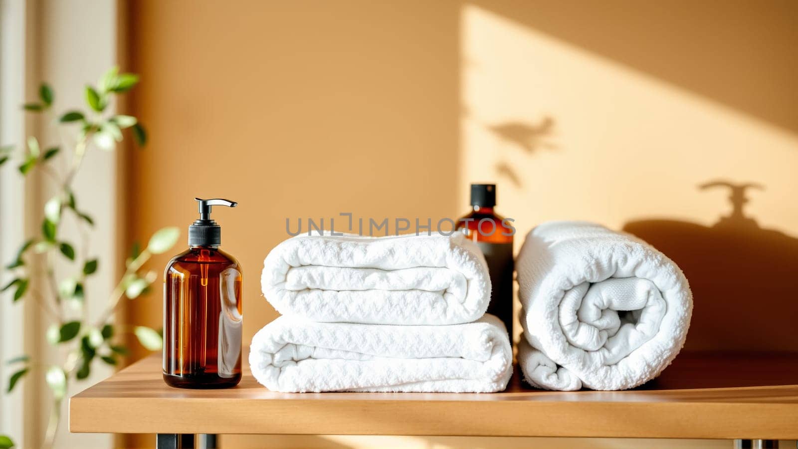 Spa treatment set, wooden shelf with neatly folded towels and dispensers for soap, cream, massage oil. High quality photo