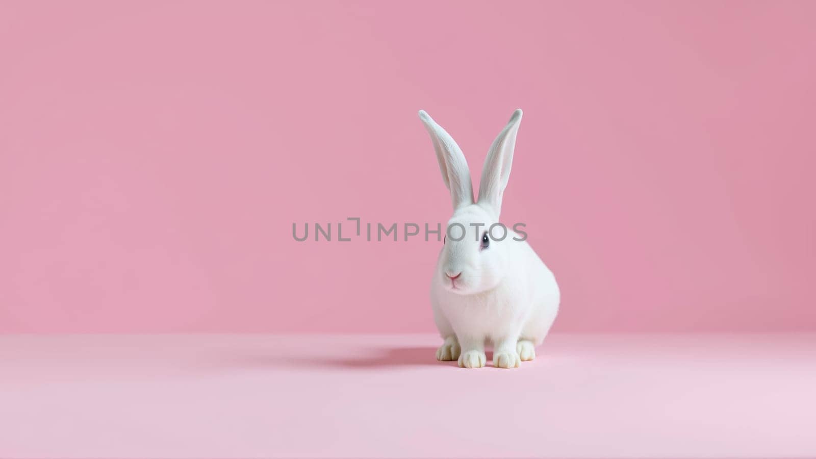 Cute white rabbit on isolated pink background. High quality photo