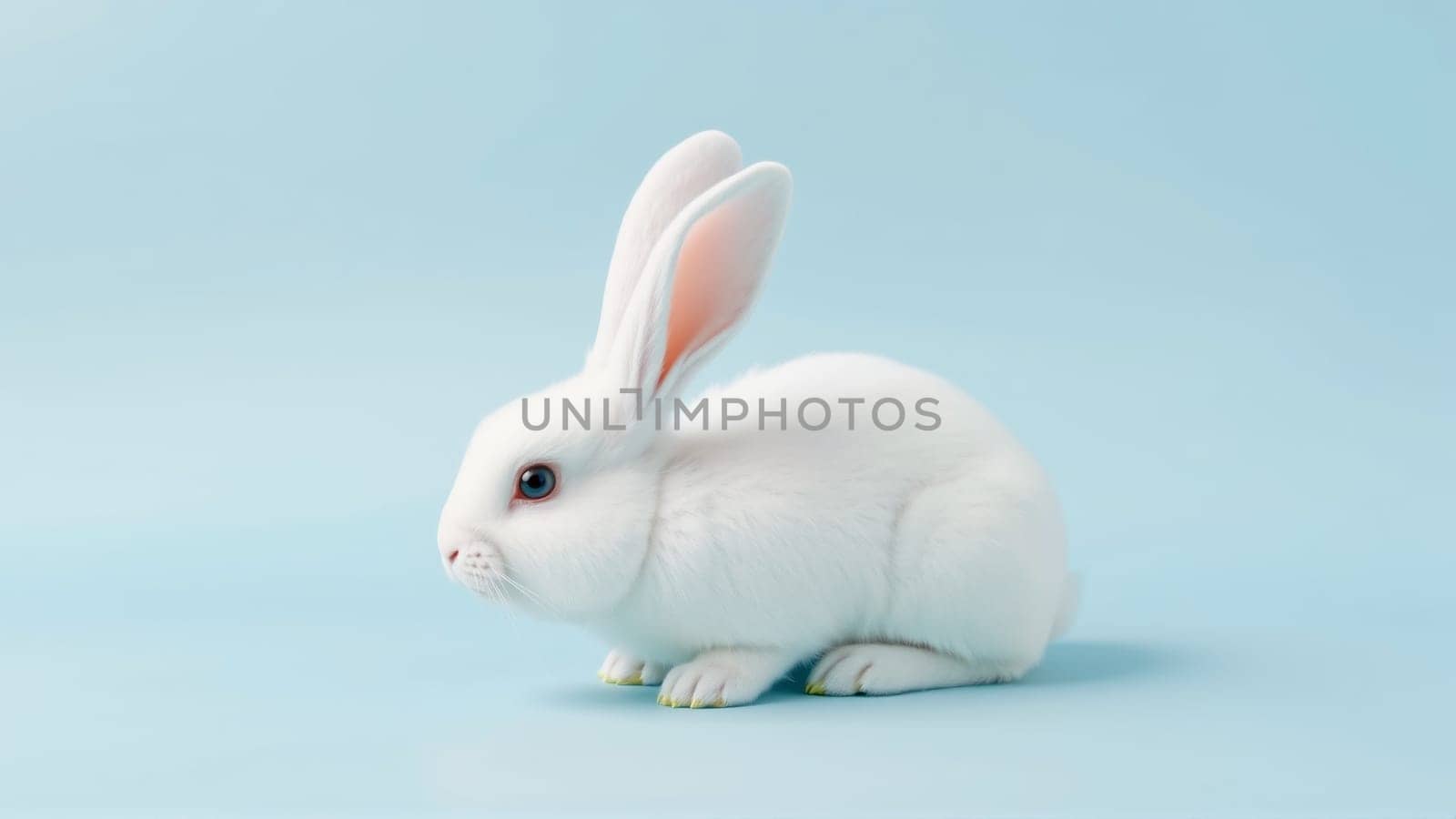 Cute white rabbit on isolated blue background. High quality photo
