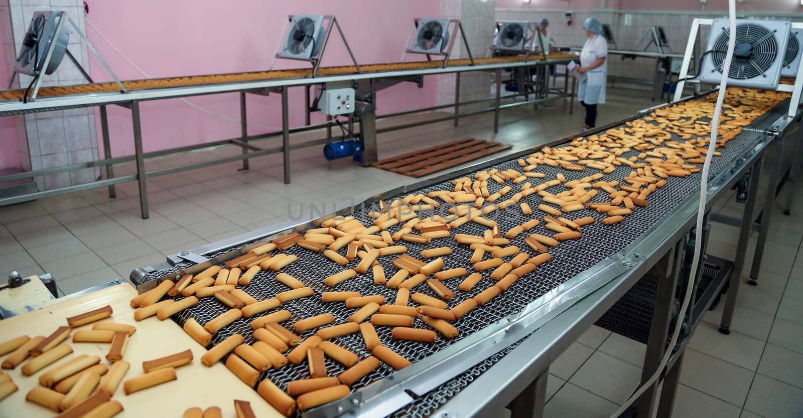 In a confectionery factory, a busy cookie production line features trays of freshly baked cookies cooling as workers monitor the process, ensuring quality.