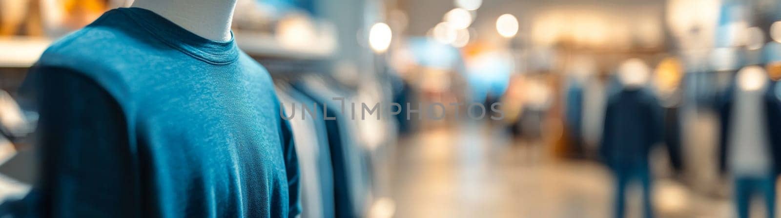 Men's clothing store. T-shirt display case against the backdrop of a men's clothing boutique. High quality photo