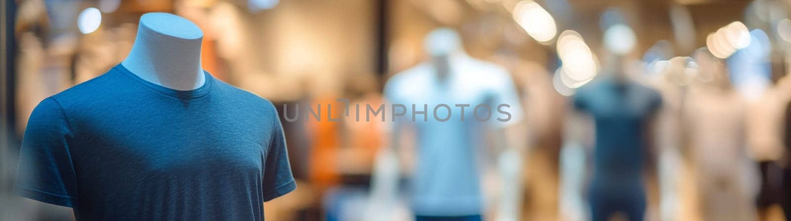 Men's clothing store. T-shirt display case against the backdrop of a men's clothing boutique. High quality photo