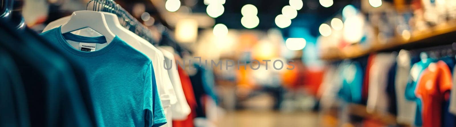 Men's clothing store. T-shirt display case against the backdrop of a men's clothing boutique. High quality photo