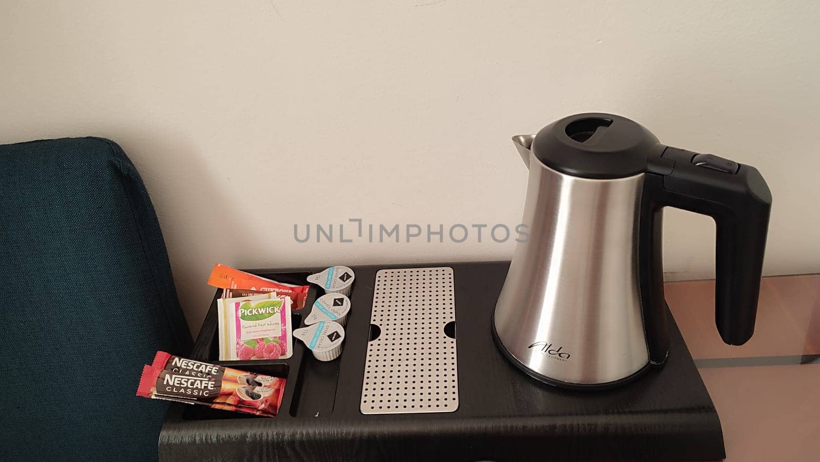 October 15 2024 Prague Czech Republic Europe Kettle coffee packets objects house hotel apartment room kitchen drinks . High quality photo