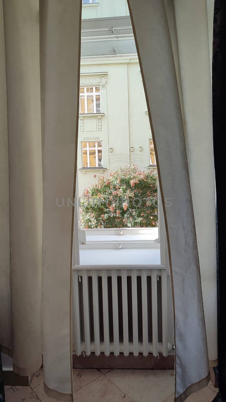 Window curtain view house hotel apartment building architecture interior design decor room . High quality photo