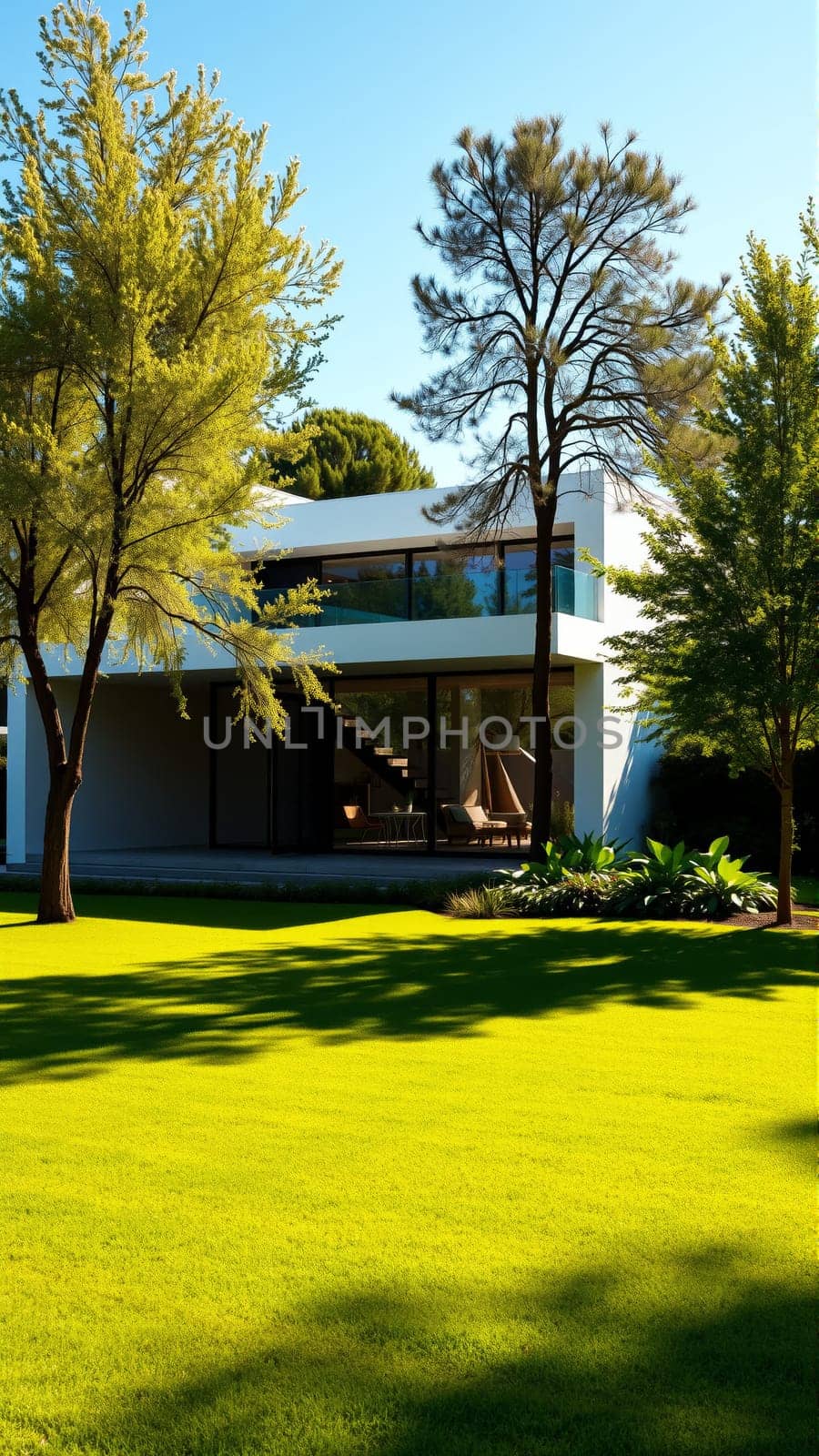 The modern individual residential house is surrounded by a well-groomed beautiful lawn. High quality photo