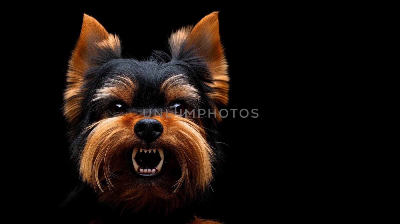 A Yorkshire Terrier displays a fierce expression, baring its teeth against a black background, capturing its playful yet intimidating nature - Generative AI