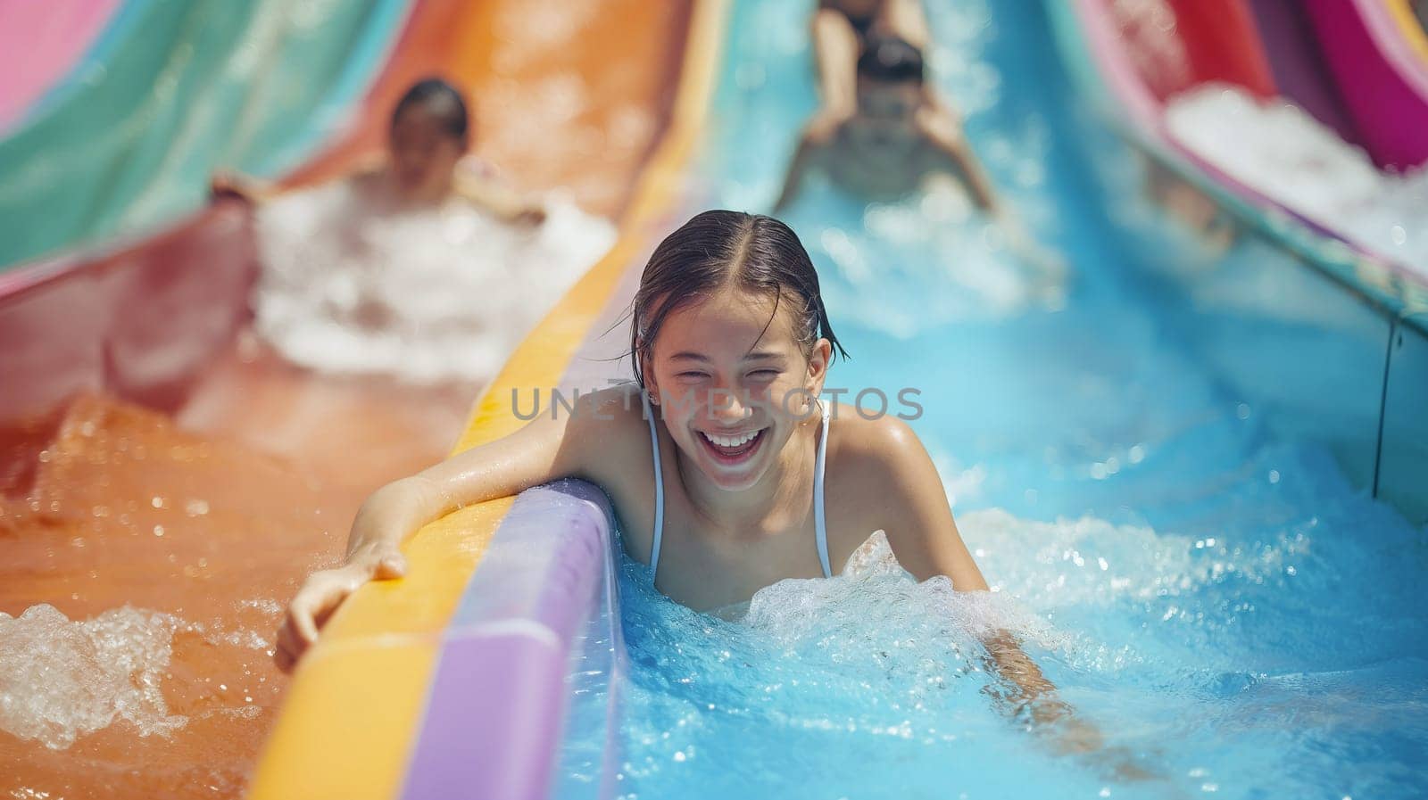 Laughter fills the air as children glide down vibrant water slides into a refreshing pool on a sunny summer day - Generative AI