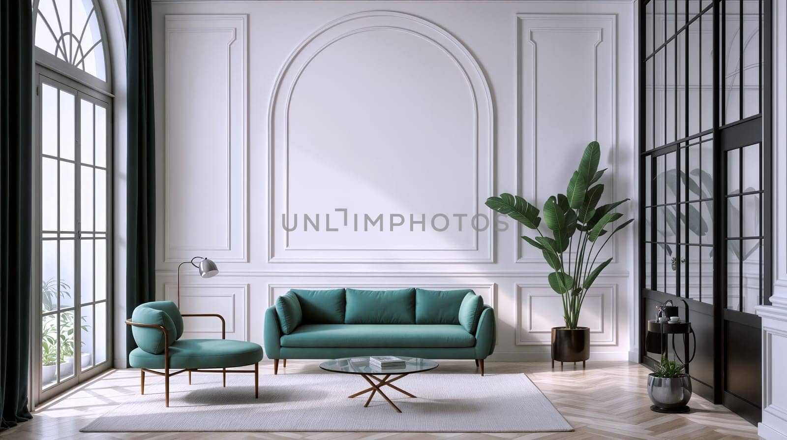 A stylish living room features a green sofa and armchair, with large windows letting in natural light and a potted plant enhancing the decor - Generative AI