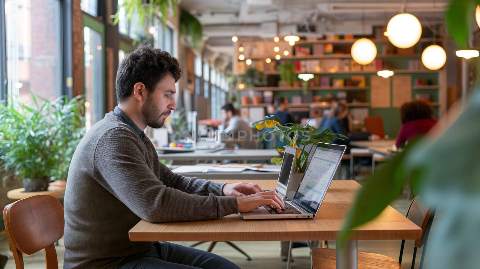 A man engages in focused work on his laptop at a bright, plant-filled workspace. Other individuals are seen collaborating in the background - Generative AI