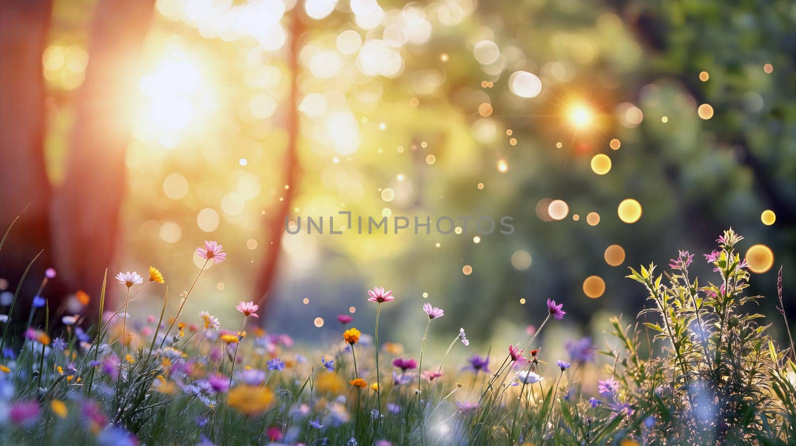 Vibrant wildflowers of various colors thrive under the warm sunlight, creating a serene atmosphere in a lush forest setting during a tranquil afternoon - Generative AI